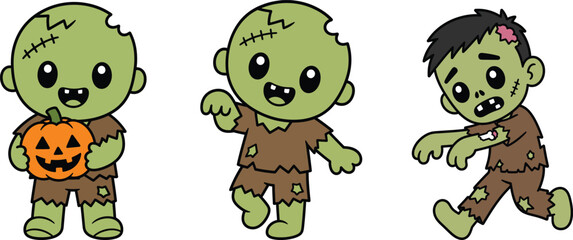 Fototapeta premium Cute Halloween Zombie Character Collection with Pumpkin and Classic Zombie Walk