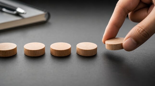goal setting motivation evaluation. A hand places the last wooden disk in a row on a dark surface next to a notebook with a pen.