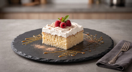 A modern culinary presentation of a single square of Tres Leches cake plated on a dark slate dish, artfully garnished with fresh raspberries, a mint leaf, and a delicate drizzle of caramel sauce. © Wealthy_7CupPig