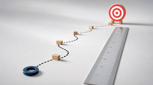 goal setting motivation evaluation. A conceptual image showing a measuring tape and target with a winding path marked by wooden blocks.