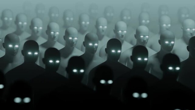 Crowd of People with Glowing Eyes in Fog Seamless 4K 60fps Loop
