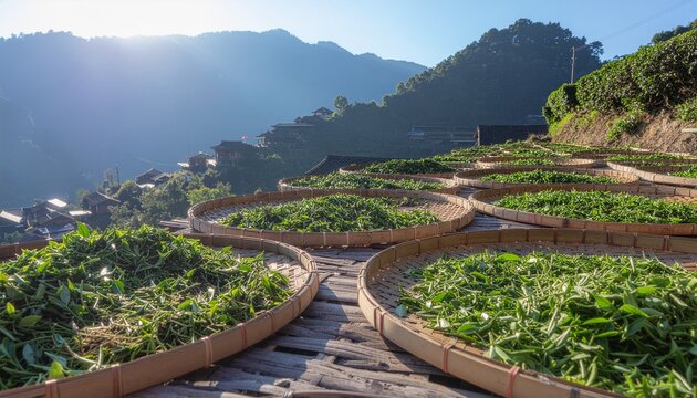 Traditional green tea leaf drying on mountain terrace