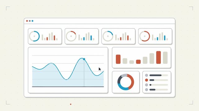 Abstract animated analytics dashboard updating its metrics drawn as coral and magenta lines and shapes on a bright, clean light background. Seamless looping 4K motion graphics video with free space fo