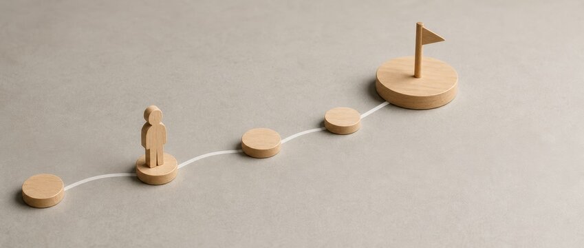 goal setting motivation evaluation. Wooden figurine on a path of discs leading to a flag, symbolizing goal achievement and progress.