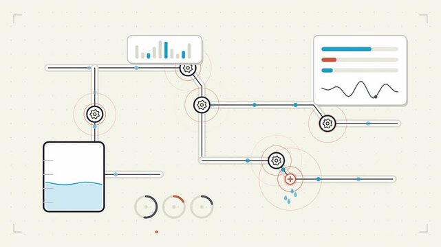 Abstract animated smart water network monitoring flow and pressure drawn as cyan and teal lines and shapes on a bright, clean light background. Seamless looping 4K motion graphics video with free spac