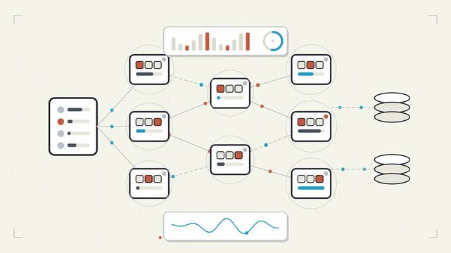 Abstract animated requests routed between API microservices drawn as coral and magenta lines and shapes on a bright, clean light background. Seamless looping 4K motion graphics video with free space f