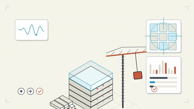 Abstract animated building modelled in BIM before construction drawn as cyan and teal lines and shapes on a bright, clean light background. Seamless looping 4K motion graphics video with free space fo