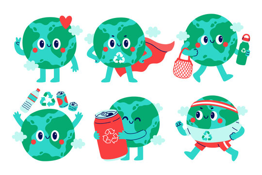 Cute Earth globe mascot character set promoting recycling eco friendly habits zero waste and save the planet concept. Cute doodle vector illustration isolated on white background