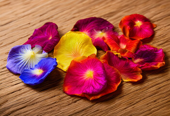Fototapeta premium Floral beauty and natural elegance, colorful flower petals scattered on a rustic wooden background, vibrant botanical composition