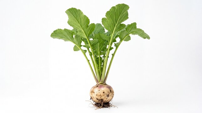 Fresh organic turnip with vibrant green leaves and dirty roots captured in high resolution studio lighting isolated on white background