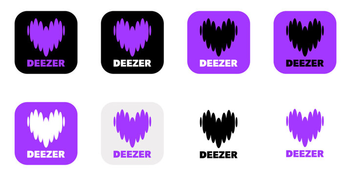 Collection of various new Deezer music streaming service logos and app icons featuring the heart shaped equalizer design in different colors for editorial use