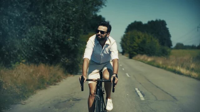 Cyclist Riding Road Bicycle Along Empty Countryside Asphalt Road 