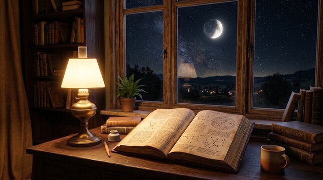 Open book by window with starry night view