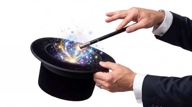 Magician performing a mysterious illusion by using a glowing magic wand inside a tall black velvet top hat on white background