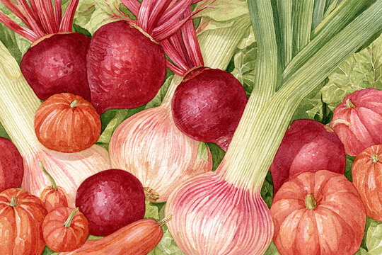 Watercolor full-frame illustration of leeks, beets and gourds with fresh leeks, dark red beets and small gourds, with a densely packed close-up arrangement