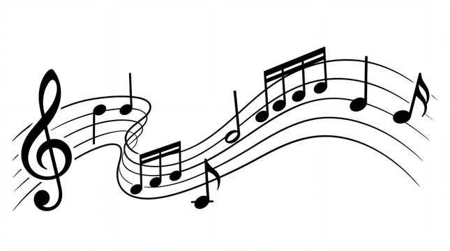 Flowing black musical stave with treble clef and various rhythm notes creating elegant melodic curves artistic design on white background