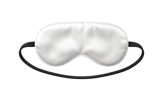 White silk sleep mask with black elastic strap, luxury satin eye cover for travel and wellness, soft padded blindfold for sleeping isolated PNG with Transparent Background