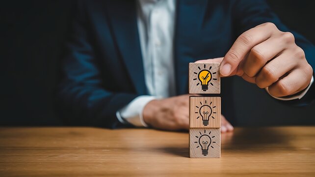 Businessman selecting a bright idea among several options, symbolizing innovation, problem-solving, and strategic thinking in business development and success