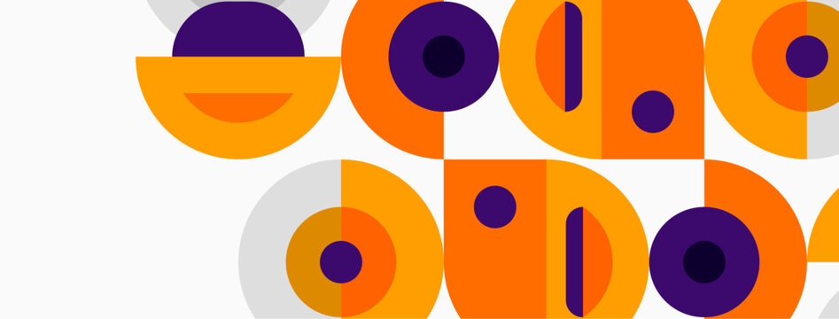Abstract pattern features repeating faces. Orange, purple circles create playful design. Minimalist style, simple shapes dominate composition.