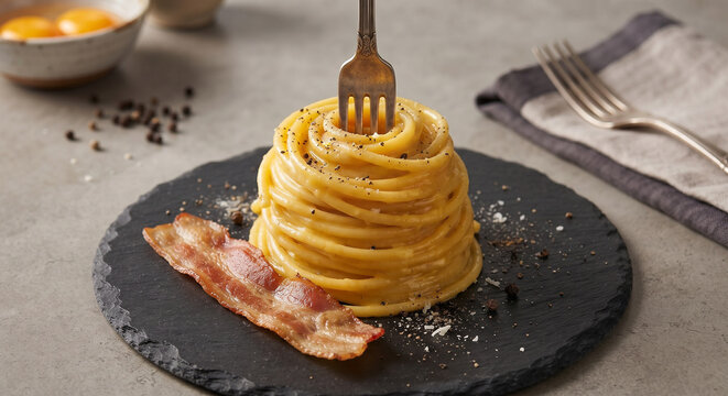 A modern culinary presentation of carbonara twirled into a neat, high cylinder using a chef's fork, plated on a dark slate dish and garnished with a crisp shard of guanciale and a dusting of black pep