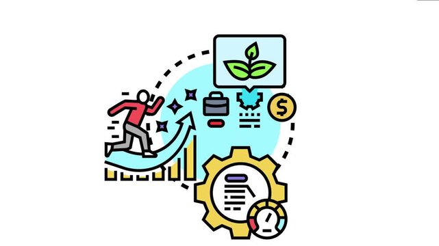 Business growth accelerator concept showing diverse elements like a running person on a rising bar graph. A growing plant. And a gear. Symbolizing development