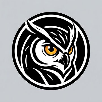 Wise owl head logo design featuring sharp black and white lines with bright yellow glowing eyes