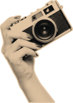 Retro halftone hand holding camera collage art on transparent background. Vector illustration.