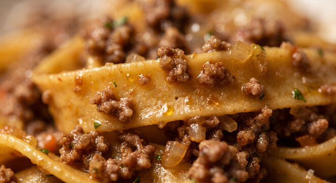  A hyper-realistic macro photograph focusing on the intricate mix of finely minced beef, pork, and sofrito ingredients clinging to the porous surface of a flat tagliatelle noodle,