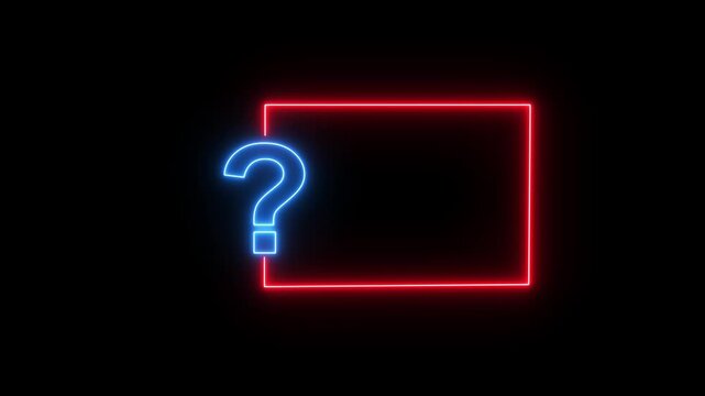 Question mark neon sign light on black background. Quiz trivia game competition. blue neon question mark frame for quizzes and FAQs. Game announcement neon message. Answer question, Examination test.