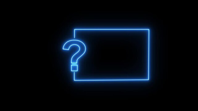 Question mark neon sign light on black background. Quiz trivia game competition. blue neon question mark frame for quizzes and FAQs. Game announcement neon message. Answer question, Examination test.
