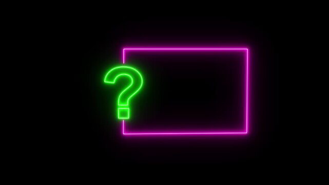 Question mark neon sign light on black background. Quiz trivia game competition. green neon question mark frame for quizzes and FAQs. Game announcement neon message. Answer question, Examination test.