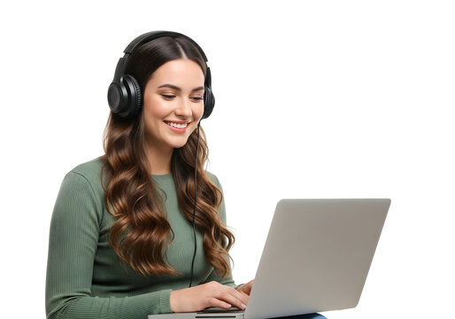 Smiling woman using laptop with headset at home isolated on white background