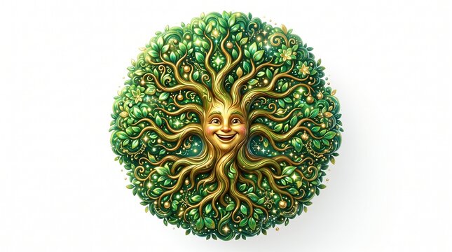 Adorable 3D cartoon render of three colorful fantasy trees with cheerful smiling faces