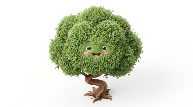 Adorable 3D cartoon render of three colorful fantasy trees with cheerful smiling faces