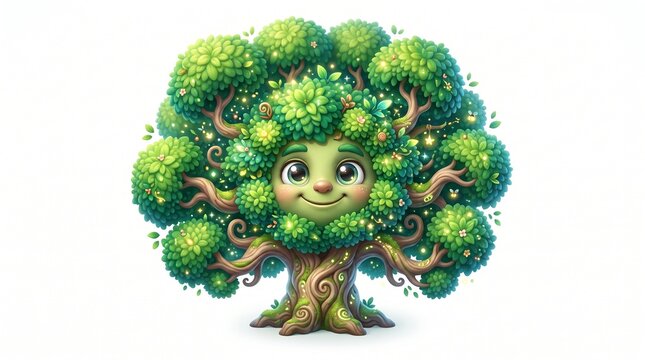 Adorable 3D cartoon render of three colorful fantasy trees with cheerful smiling faces,