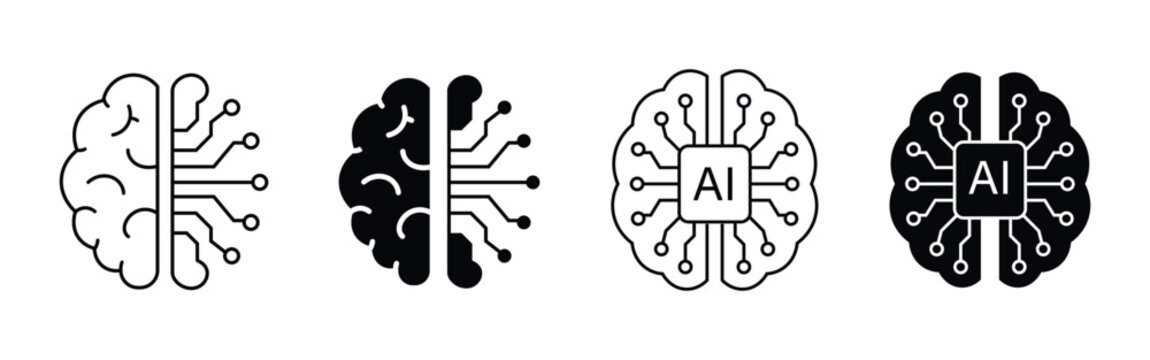 Artificial intelligence brain and microchip technology icon set