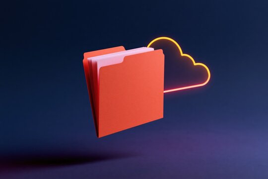 Floating red folder with neon cloud outline on dark gradient background for online storage wallpaper and tech interface design