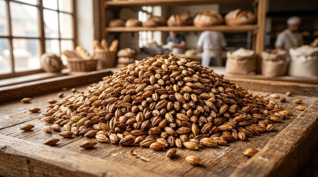 Abundant Pile of Grains on a Rustic Wooden Table in a Bakery.