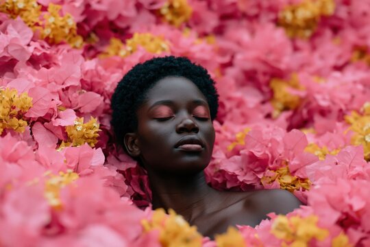 Serene portrait of a woman reclining in pink bougainvillea blossoms for beauty background and wellness poster design