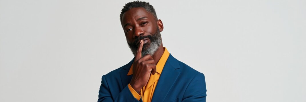 Contemplative mature man portrait in blue blazer and mustard shirt for banner background and editorial layout use
