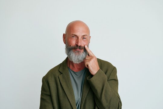 Bald bearded man portrait with finger to cheek playful wink expression for headshot background and advertising banner use