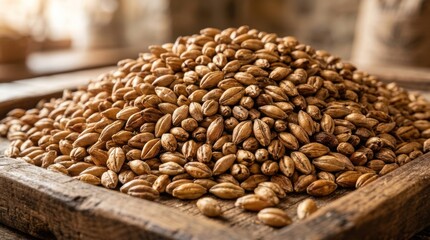 Obraz premium Closeup of a large pile of raw barley grains in a wooden crate.