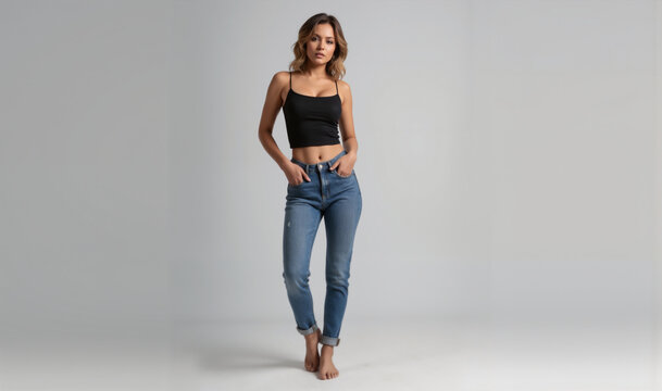 Woman in a black cami top and dark wash skinny jeans standing barefoot against a grey studio backdrop.