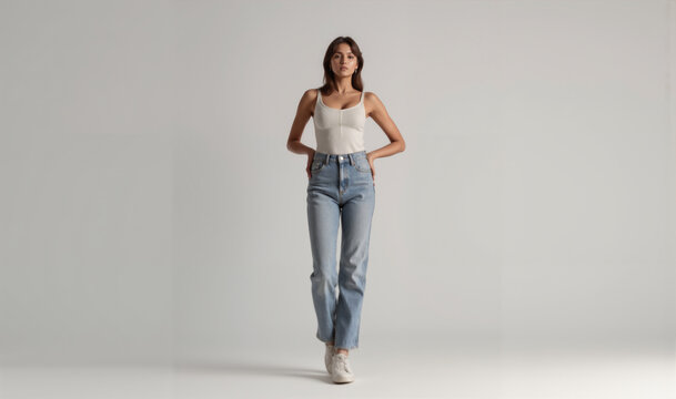 Woman in a white cami tank top and light blue jeans standing with hands behind her back against a grey backdrop.