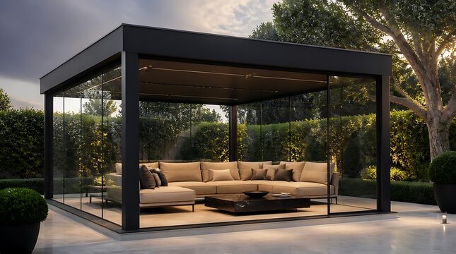 Modern glass outdoor living room with comfortable sofa and coffee table.