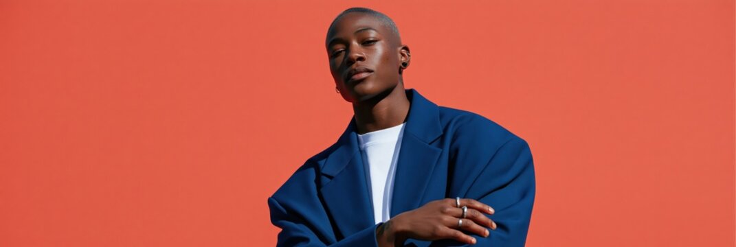 Panoramic fashion banner of a model wearing an oversized blue blazer on an orange background for website header and editorial layout design