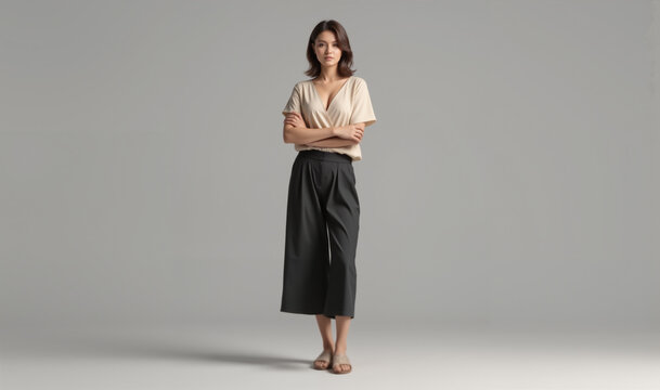 Woman in a beige v-neck t-shirt and black wide-leg culottes standing with arms crossed against a grey backdrop.