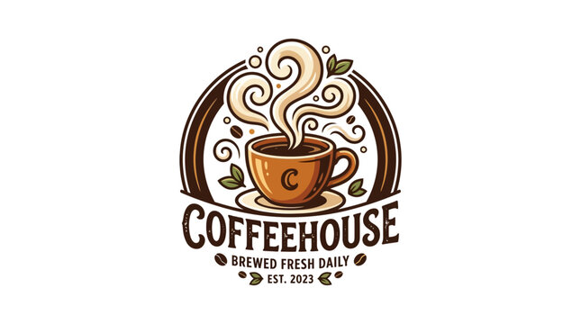 A charming coffeehouse logo featuring a steaming cup of coffee with leaves and an arch, text 'COFFEEHOUSE BREWED FRESH DAILY EST. 2023'.
