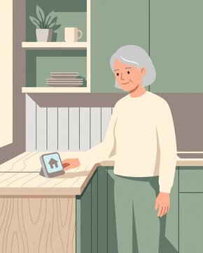 senior woman using smart home hub display in modern kitchen flat illustration - ai generated