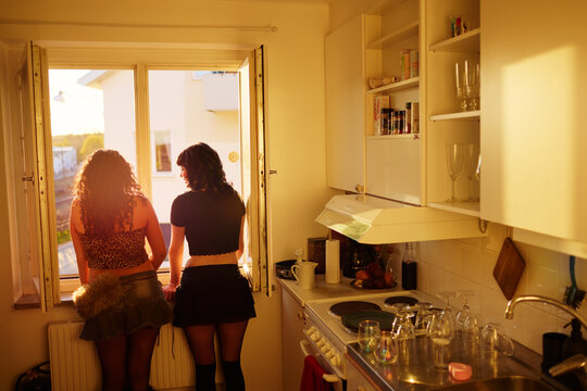 Rear view of lesbian women talking while standing by kitchen window at home